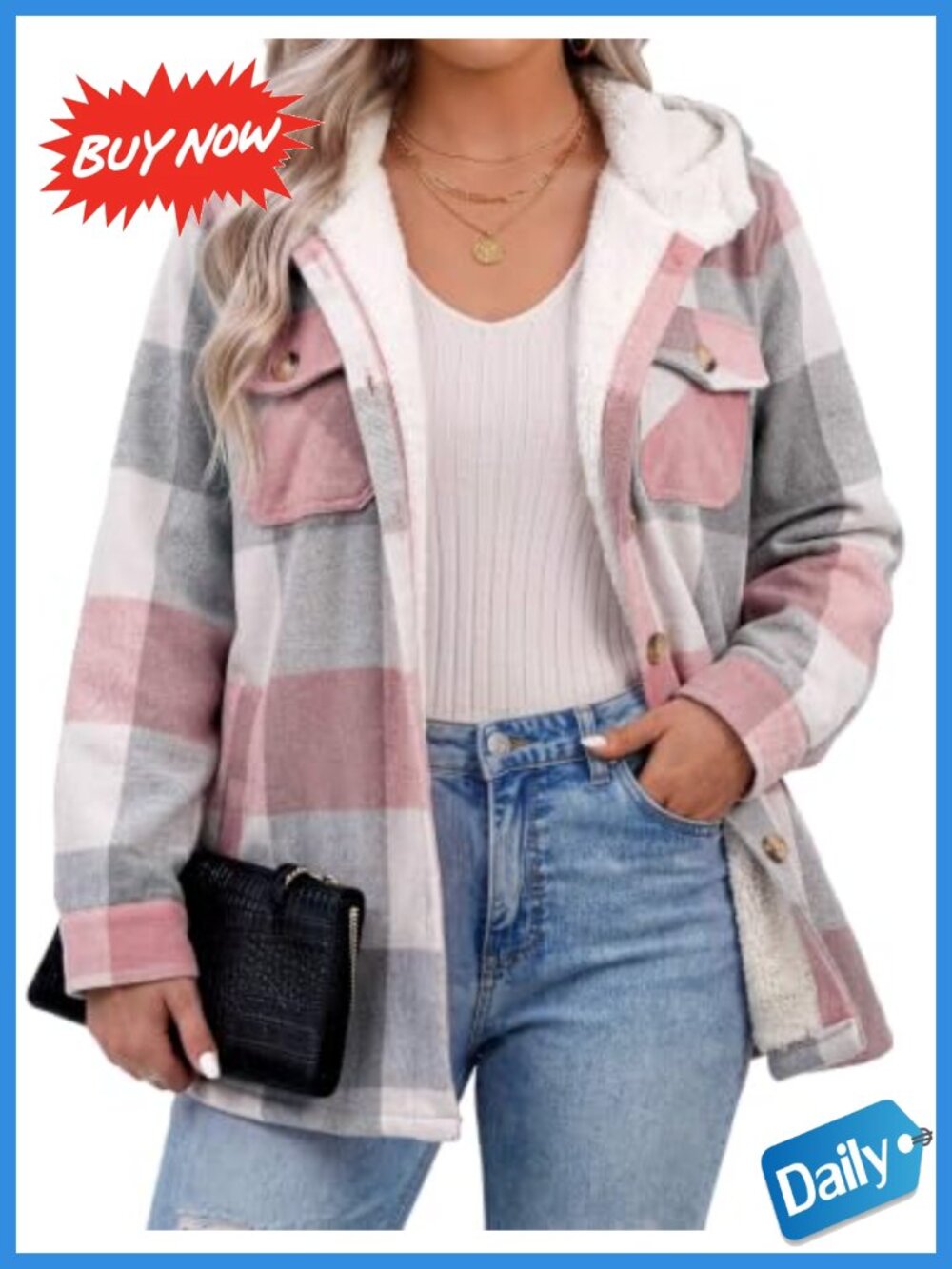 Plus Size Plaid Shacket Fleece Hooded Button Down Warm Coat